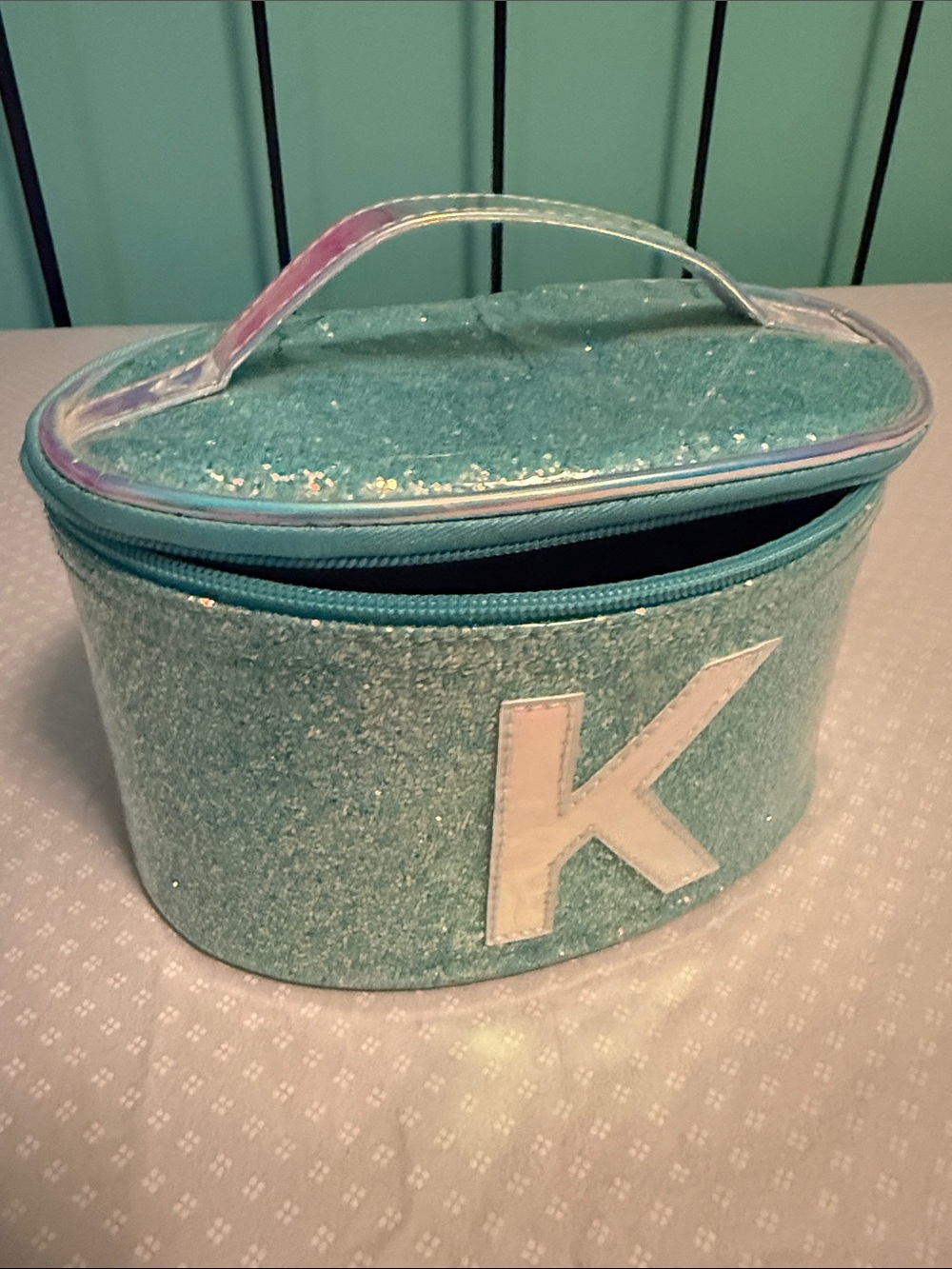 Justice Teal Glitter Travel Case with Initial K